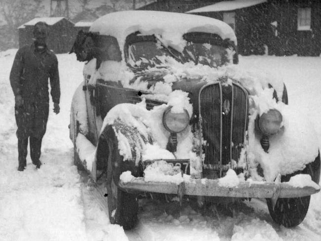 A 1938 Pontiac in the snow at No. 1 camp in Tarraleah. Picture: HYDRO TASMANIA