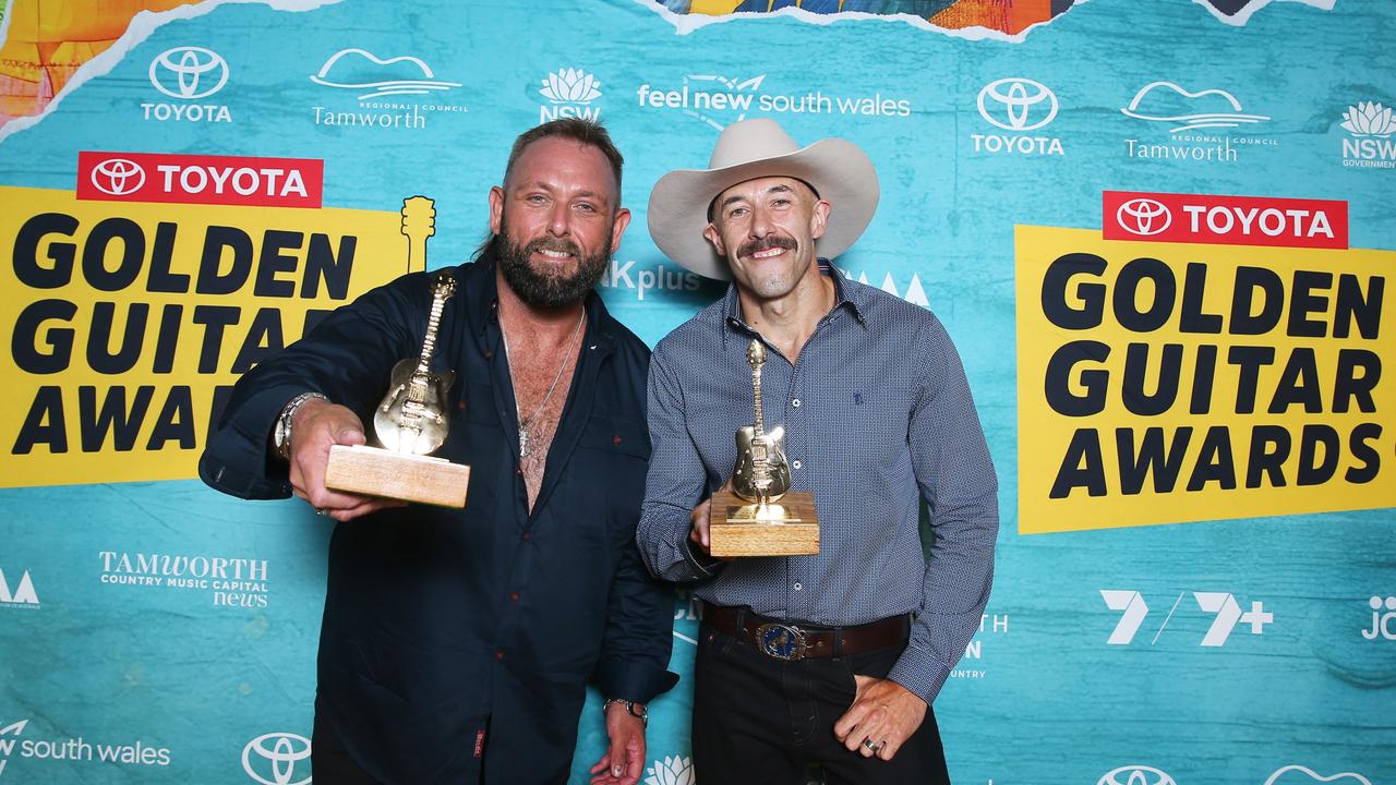 TAMWORTH, AUSTRALIA - JANUARY 25: Vocal Collaboration of the Year winners The Wolfe Brothers pose for a photograph attends the 2025 Golden Guitar Awards at Tamworth Regional Entertainment and Conference Centre on January 25, 2025 in Tamworth, Australia. (Photo by Lisa Maree Williams/Getty Images)