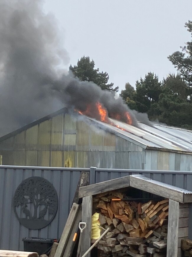 Fire ravages a shed at the Romsey Golf Club, causing thousands of dollars worth of damage. Picture: Romsey Golf Club.