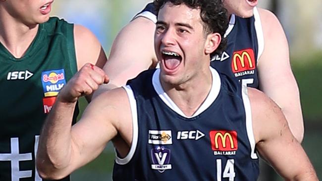 Mitch Fino celebrates a goal for Ballarat during the interleague this season. Picture Yuri Kouzmin