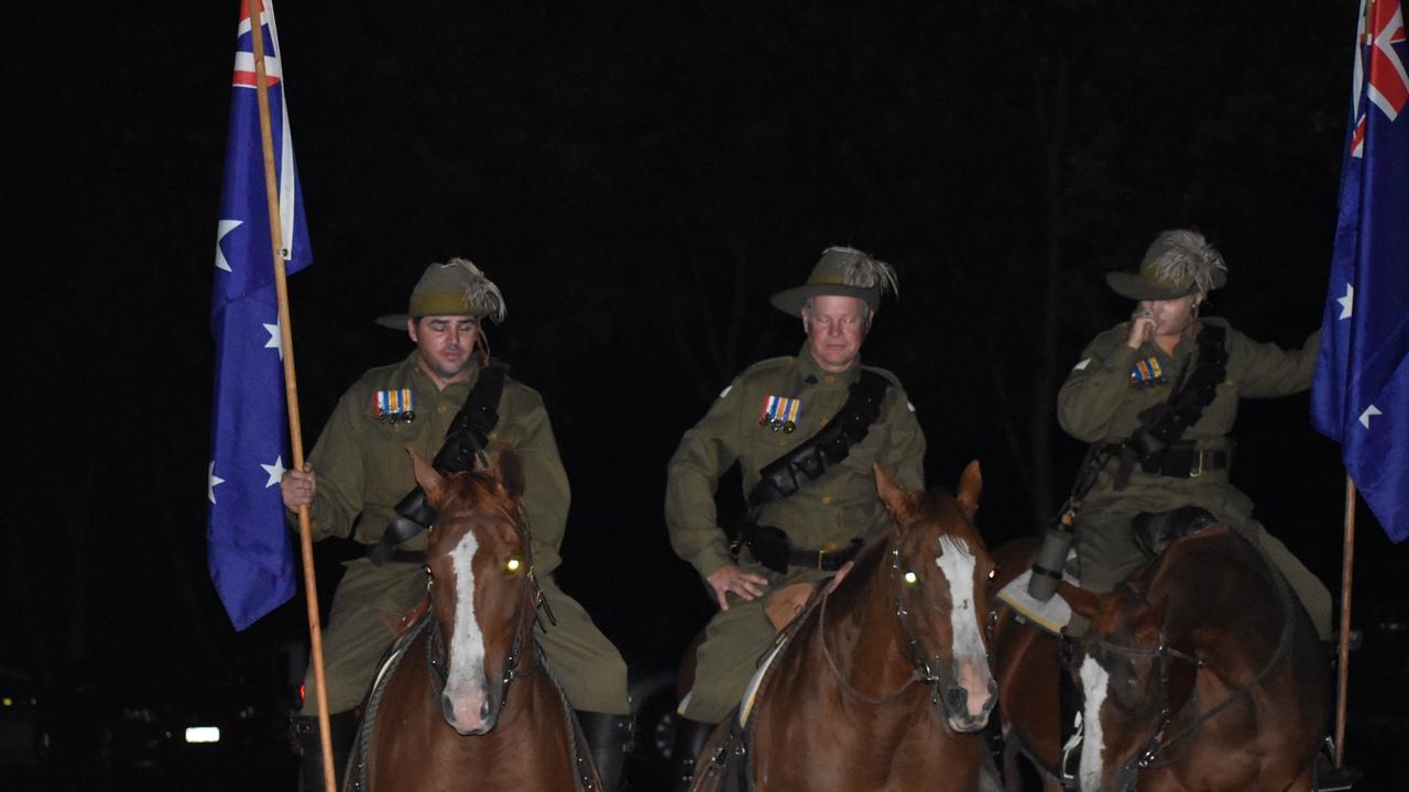 Ben Burston, John McGill and Ellise Burston riding to honour the ANZAC Light Horse infantry at the Kuttabul dawn service at the Hampden State School Remembrance Garden 2021. Picture: Lillian Watkins