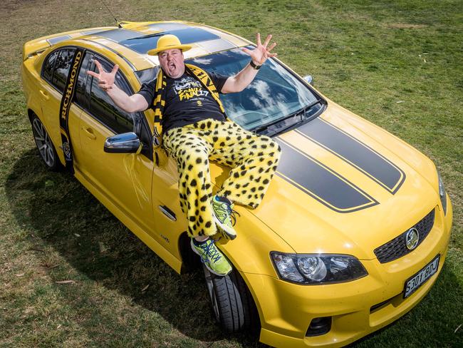 Drew Kerr drove from Adelaide in his Richmond-themed Commodore. Picture: Jake Nowakowski