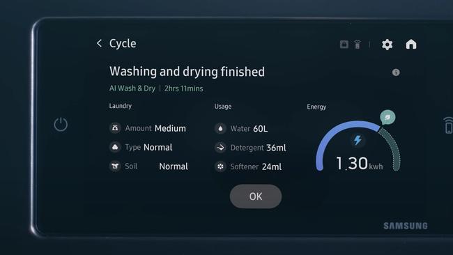 Samsung 18.5kg/10kg BESPOKE AI Heat Pump Combo will give you a little energy report summarising what happened after your washing and drying is completed.