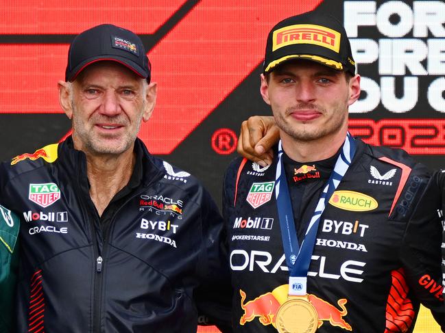 MONTREAL, QUEBEC - JUNE 18: (L-R) Second placed Fernando Alonso of Spain and Aston Martin F1 Team, Adrian Newey, the Chief Technical Officer of Red Bull Racing, First placed Max Verstappen of the Netherlands and Oracle Red Bull Racing and Third placed Lewis Hamilton of Great Britain and Mercedes celebrate on the podium during the F1 Grand Prix of Canada at Circuit Gilles Villeneuve on June 18, 2023 in Montreal, Quebec. (Photo by Clive Mason/Getty Images)