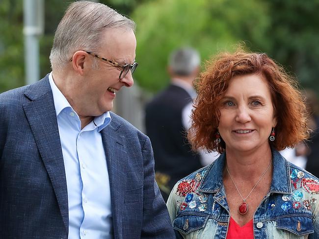 MELBOURNE, AUSTRALIA - NCA NewsWire Photos MARCH 02, 2024 : Prime Minister Anthony Albanese and his fiancee Jodie Haydon greet Labor candidate Jodie Belyea at Derinya Primary School in Frankston South, on polling day for the Federal seat of Dunkley. Picture: NCA NewsWire / Ian Currie