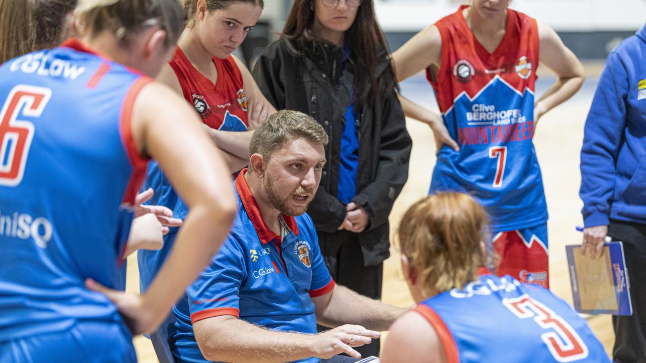 Toowoomba Mountaineers coach Matt Cox during a time-out against Northside Wizards in QSL Division 1 Women round 2 basketball at Clive Berghofer Arena, St Mary's College, Sunday, April 21, 2024. Picture: Kevin Farmer