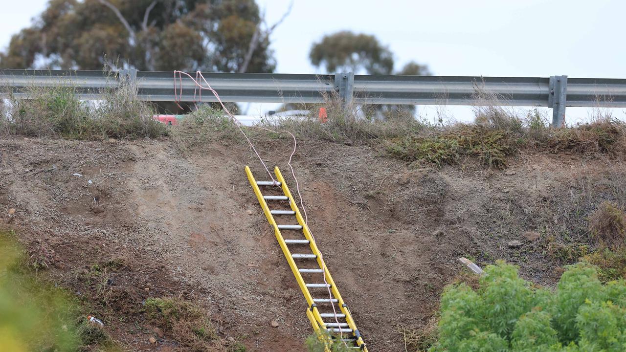 A ladder had to be used to get down the steep slope. Picture: Brendan Beckett