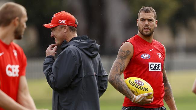 Swans coach John Longmire and Lance Franklin at Lakeside Oval. Picture: Phil Hillyard