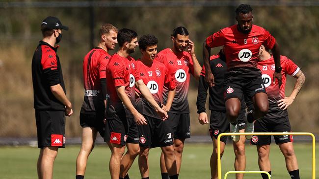 Bernie Ibini performs a drill at Western Sydney Wanderers A-League training.