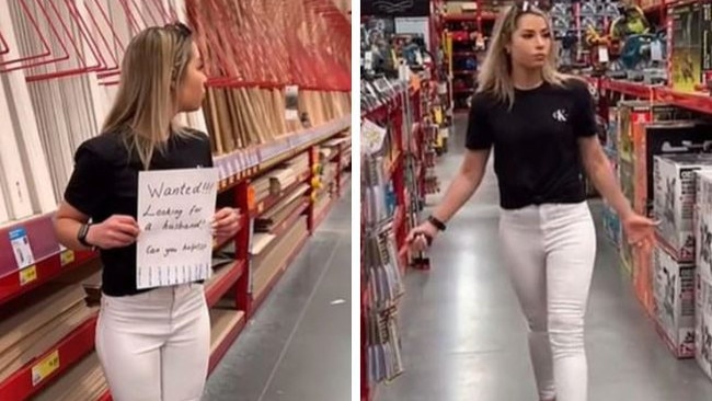 Leesh Cunningham shared a two-part video to TikTok of her trawling the aisles of Bunnings for a husband. Picture: TikTok/Leesh Cunningham.