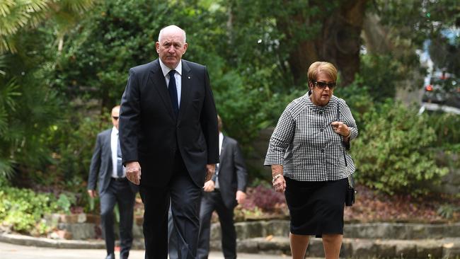 Governor-General Sir Peter Cosgrove and Lady Cosgrove arrive at the funeral of John Kennerley. Picture: AAP