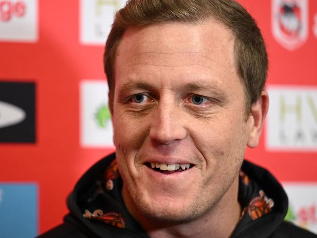 St. George Illawarra Dragons interim coach Ryan Carr speaks to media at WIN Stadium in Wollongong, Thursday, May 18, 2023. Thge Dragons sacked head coach Anthony Griffin on Tuesday. (AAP Image/Dean Lewins) NO ARCHIVING, EDITORIAL USE ONLY