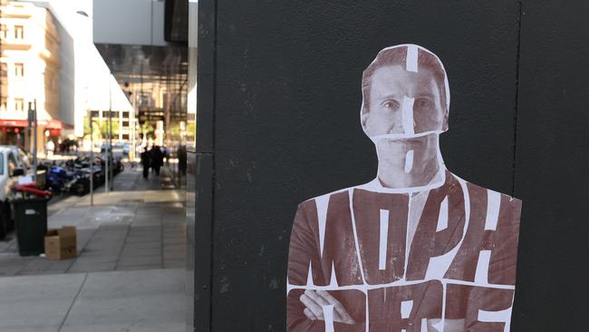 Cory Bernardi Homophopia poster at the back of 30 Flinders St Adelaide building. Picture Campbell Brodie