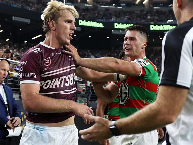 Ben Trbojevic and Lachlan Ilias clash before halftime. Picture: Ezra Shaw/Getty Images