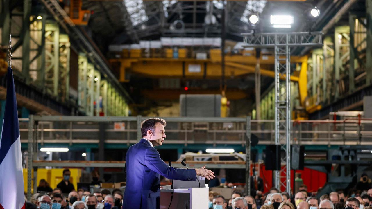French President Emmanuel Macron delivers a speech at the GE Steam Power System main production site for its nuclear turbine systems in Belfort, France. Picture: Jean-Francois Badias / AFP