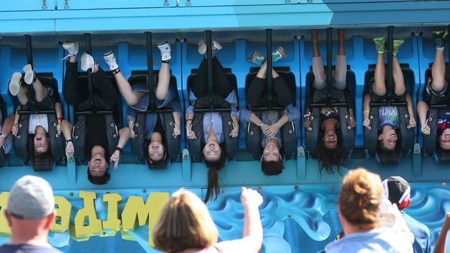 Dreamworld patrons on the Wipeout ride. Picture: Adam Head