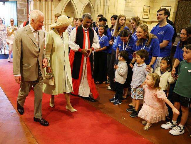 The Daily telegraph 20.10.2024  King Charles III and Queen Camilla. Royal Tour Sydney. Little girl does a curtsy. Their Majesties will attend a church service officiated by the Archbishop of Sydney, the Most Reverend Kanishka Raffel.  Picture: Rohan Kelly