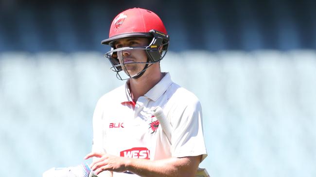 Travis Head (South Australia) is out to the bowling of Fawad Ahmed. South Australia v Victoria, Sheffield Shield Cricket, at Adelaide Oval, Day 4. 17/02/16 Picture: Stephen Laffer