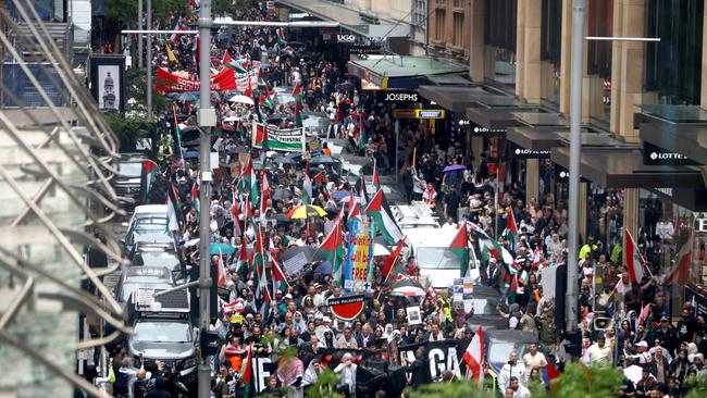 Thousands marched through the streets in the Sydney CBD to call for peace. Picture: NewsWire / Damian Shaw