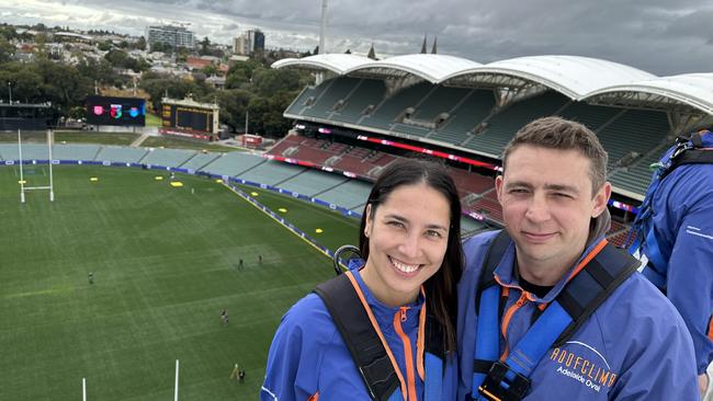 Dayboro mum Candice Blasl and husband Troy Henderson on the roof of Adelaide Oval. Picture: Nova