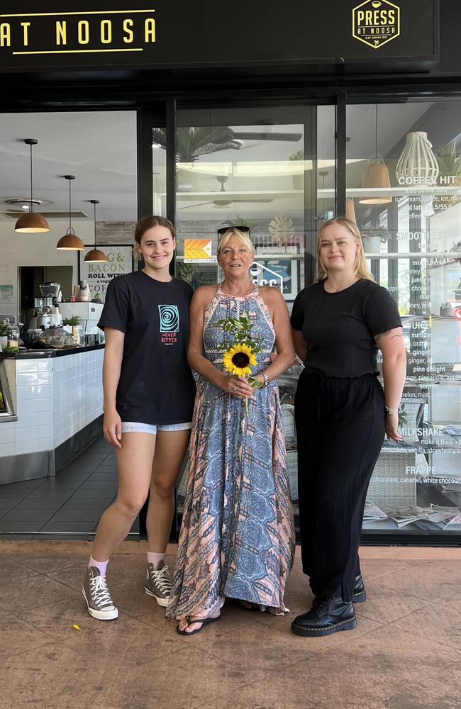 Anna Johnson, Pam Braeuner and Jessica Clough out the front of Press At Noosa, which will close at its current site at the end of the month. Picture: Contributed