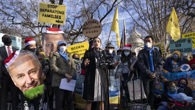 Alexandria Ocasio-Cortez speaks during a rally for immigration provisions to be included in the Build Back Better Act. Picture: AFP.
