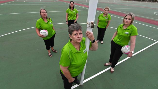 Gail Lyne and Ipswich Netball Association members Julie Haines, Nicole Virtue, Leisa Donlan and Amanda Price feel they are fighting for survival. Picture: Lyndon Mechielsen