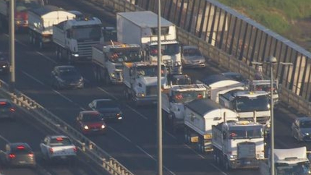 Around 100 truck drivers are protesting rising fuel prices in Melbourne. Picture: 9News