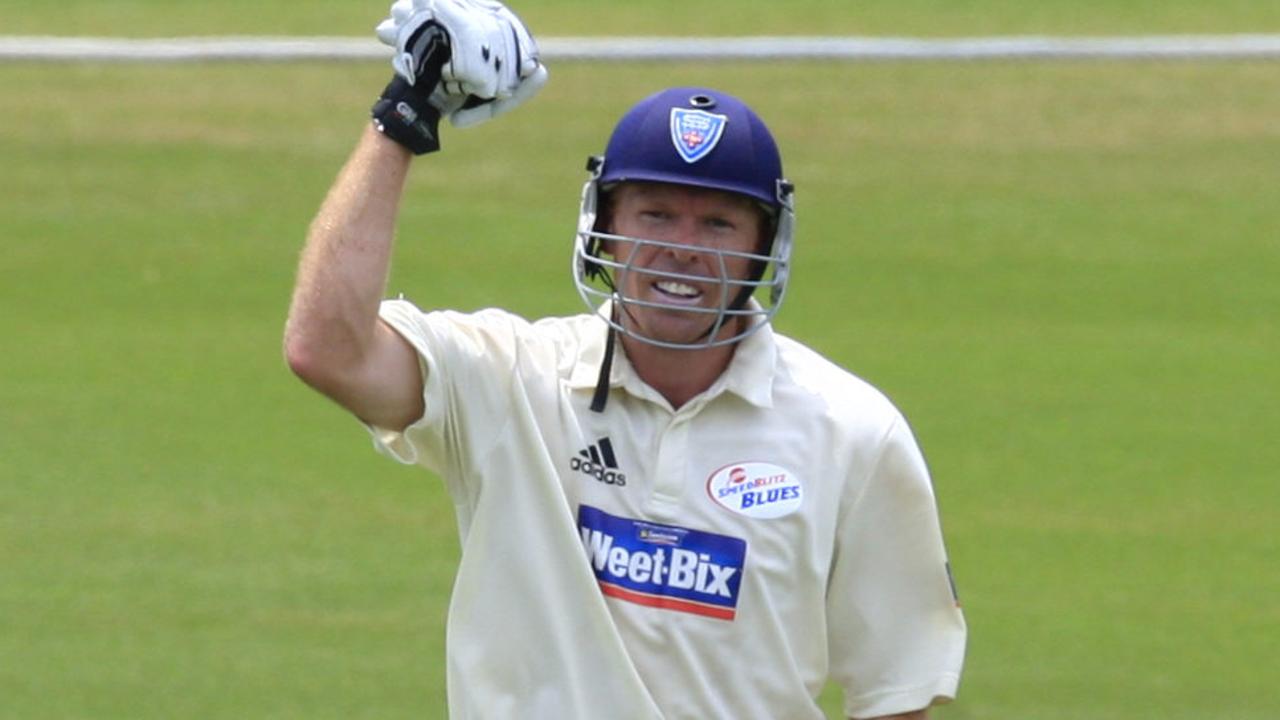 Former NSW captain Dominic Thornely celebrates bringing up his century during a Sheffield Shield match against Tasmania in 2009.