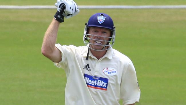 Former NSW captain Dominic Thornely celebrates bringing up his century during a Sheffield Shield match against Tasmania in 2009.