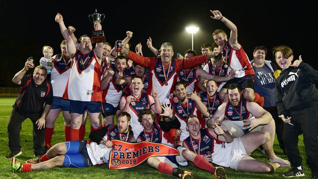 Eastern Park players celebrate winning the C7 grand final on Saturday night. Picture: AAP/Bianca De Marchi.