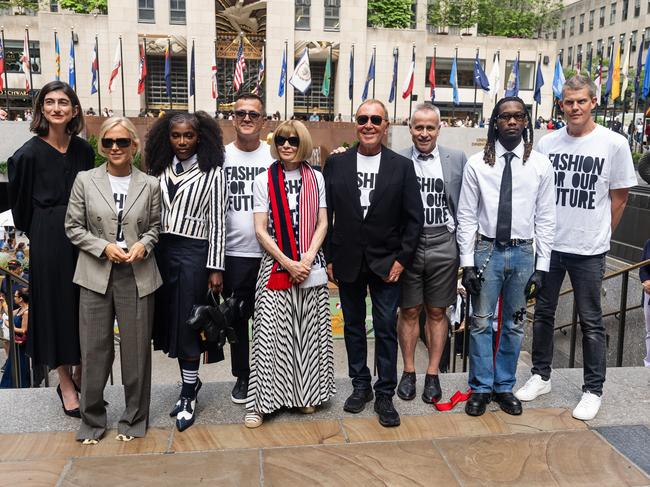 EB Kelly, Tory Burch, Doechii, Steven Kolb, Anna Wintour, Michael Kors, Thom Browne, Offset and Wes Gordon attend CFDA Hosts New York Fashion Week Ribbon Cutting at Rockefeller Center in New York City. Picture: Getty Images