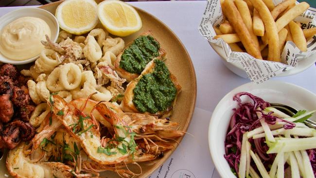 Selection of hot seafood, chils and salad at Pilu at Akuna Bay.