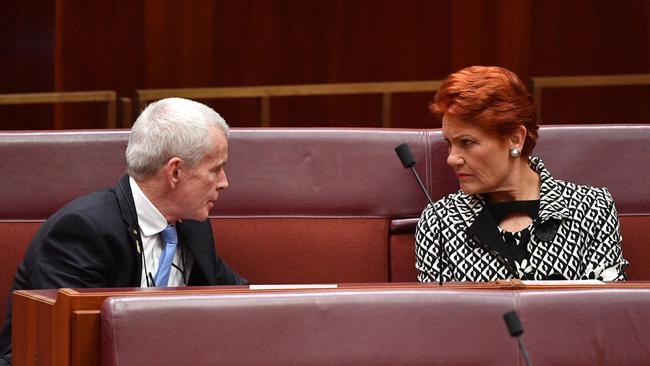 One Nation Senator Malcolm Roberts and One Nation leader Senator Pauline Hanson. Picture: Mick Tsikas