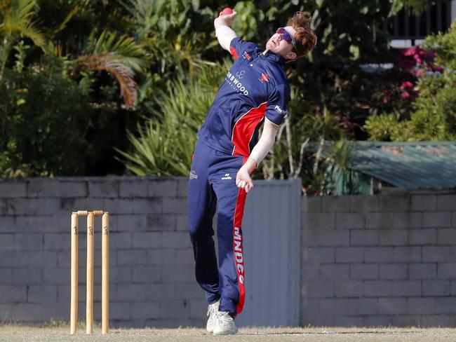 Jai Kurt of Mudgeeraba bowling against Queens in the Gold Coast Cricket Premier First Grade round four competition played at the Greg Chaplin Oval, Southport, Gold Coast, October 22 2023. Photo: Regi Varghese