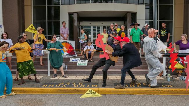 Protesters at an anti-fracking demonstration in Darwin ahead of a Supreme Court challenge against former Environment Minister Lauren Moss’ approval of Tamboran’s exploration fracking project in the NT. Picture: Pema Tamang Pakhrin