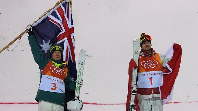 Matt Graham with Mikael Kingsbury of Canada on the podium. Picture: AAP.