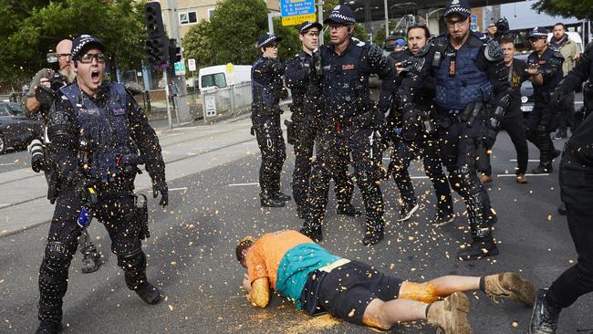 Hundreds of protestors clashed with police outside Melbourne Pavilion in December 2017. Picture: AAP