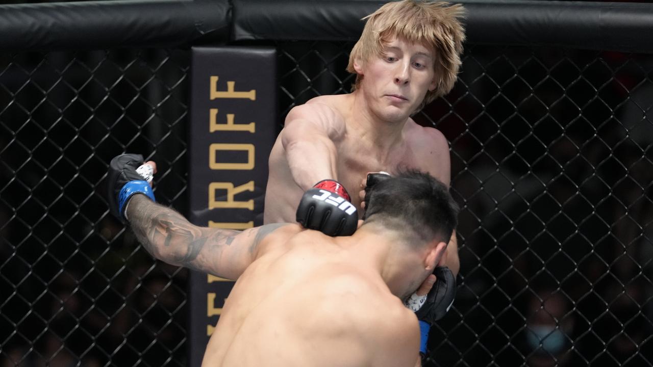 Pimblett lands a right jab in his UFC debut. Picture: Jeff Bottari/Zuffa LLC via Getty Images