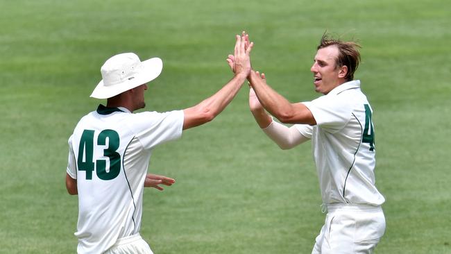 Former Tasmanian teammate Sam Rainbird (right), pictured here with Webster, was full of praise for the 31 year-old’s journey on Thursday. (AAP Image/Darren England).
