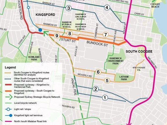 The new proposed routes of an east-west cycle track from Coogee to Kingsford. Picture: Randwick Council