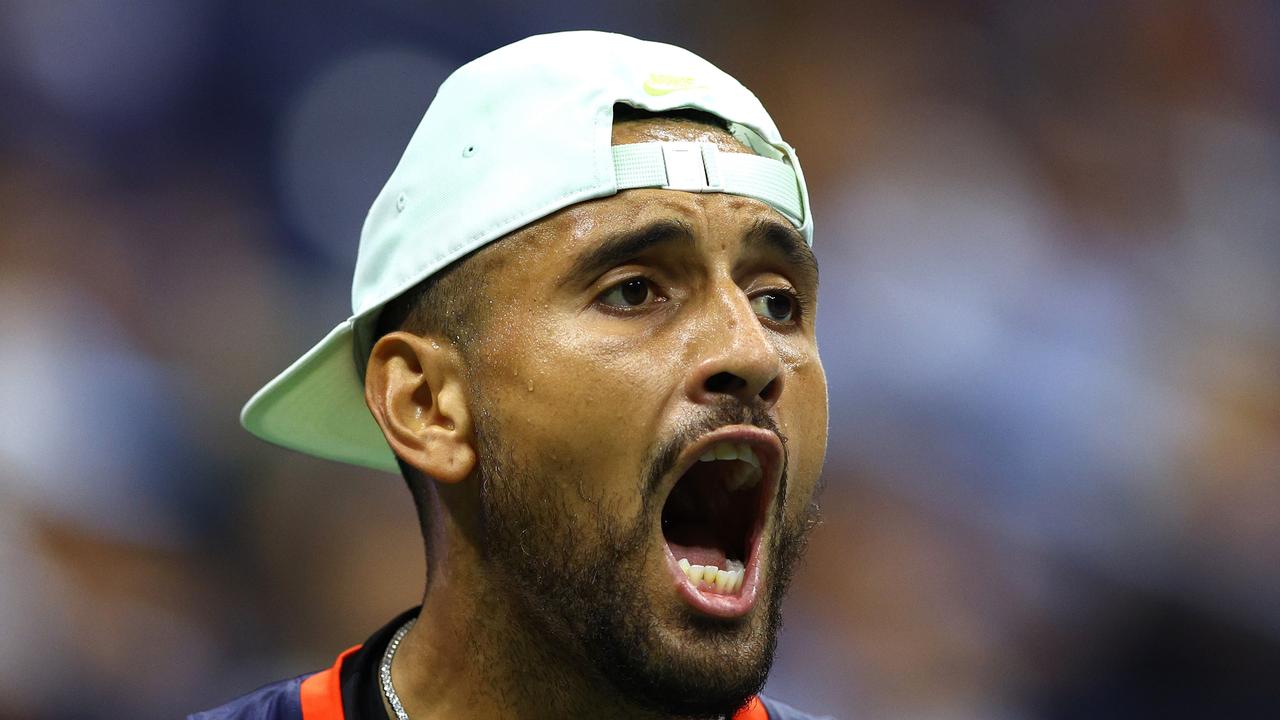 NEW YORK, NEW YORK - SEPTEMBER 06: Nick Kyrgios of Australia reacts against Karen Khachanov during their MenÃ¢â&#130;¬â&#132;¢s Singles Quarterfinal match on Day Nine of the 2022 US Open at USTA Billie Jean King National Tennis Center on September 06, 2022 in the Flushing neighborhood of the Queens borough of New York City. (Photo by Elsa/Getty Images)