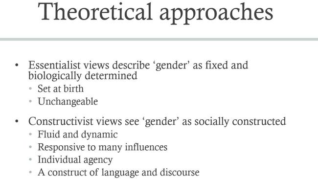 A screenshot from a recent UTS lecture discussing approaches to gender. (Pic: supplied)