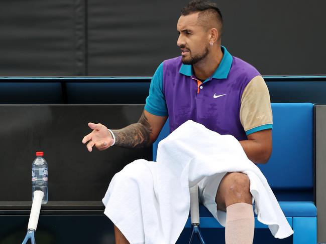 Australian Open tennis.. 02/02/2021.   Nick Kyrgios vs Alexandre Muller on Court 3.  Nick Kyrgios  explains to the chair umpire that he doesn't want to collect his own towels after games  . Pic: Michael Klein