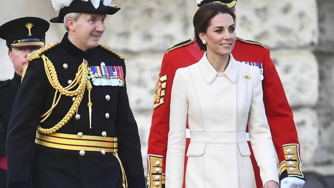 The Duchess of Cambridge attends the annual Beating Retreat ceremony, which features more than 750 soldiers, on Horse Guards Parade in London. Picture: Victoria Jones/PA via AP