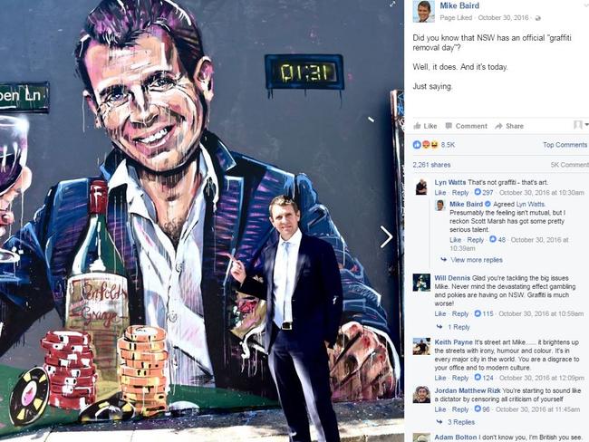 Mike Baird’s contrversial graffiti post. Picture: Facebook