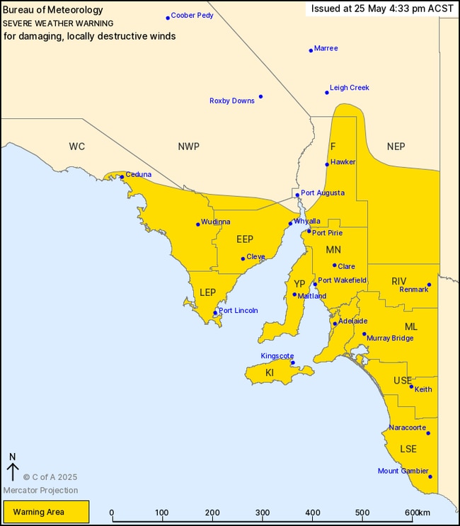 A vigorous cold front is approaching SA this evening, it is forecast to cross the coast overnight tonight. Northwesterly winds will strengthen ahead of the front from this evening, before shifting more westerly behind it tonight and spreading over eastern inland areas during Monday morning. Conditions will gradually improve on Monday night, with winds easing by Tuesday morning. Source: Bureau of Meteorology (BOM)