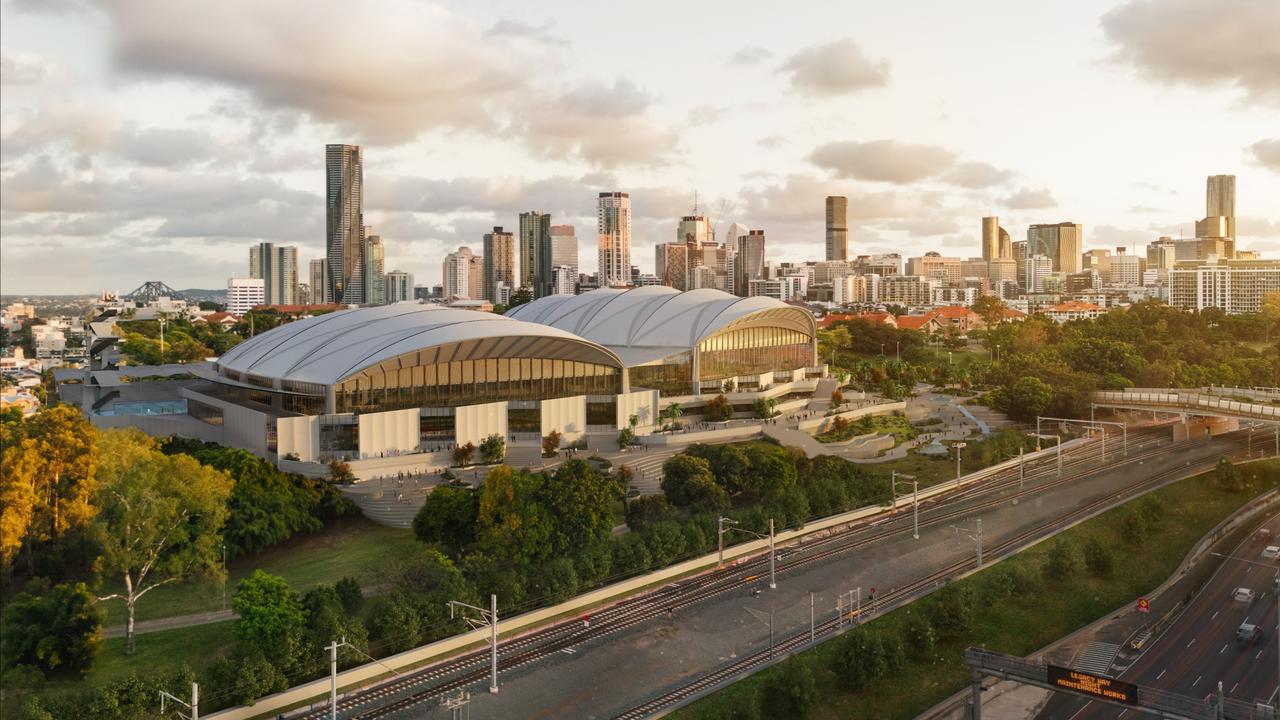 Artist impressions of the National Aquatics Centre proposed for the Brisbane 2032 Olympic Games. Credit: Archipelago Architects.