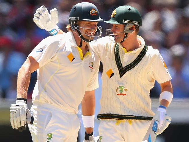 Shane Watson and Michael Clarke, who had an easy way to prevent himself getting out in the 90s. Picture: Quinn Rooney/Getty Images