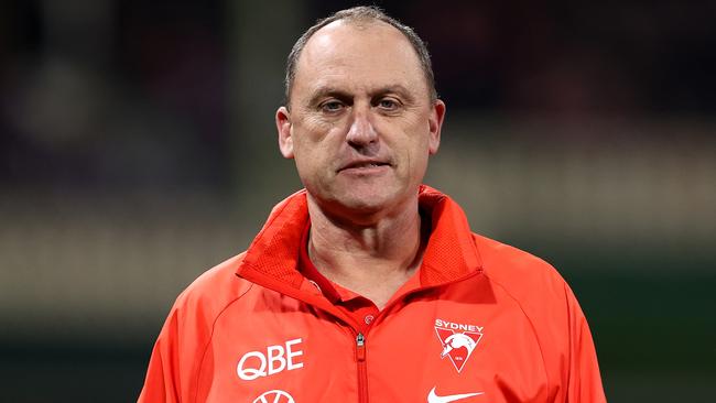 SYDNEY, AUSTRALIA - AUGUST 09: Swans coach, John Longmire looks on during the round 22 AFL match between Sydney Swans and Collingwood Magpies at SCG, on August 09, 2024, in Sydney, Australia. (Photo by Brendon Thorne/AFL Photos/via Getty Images)